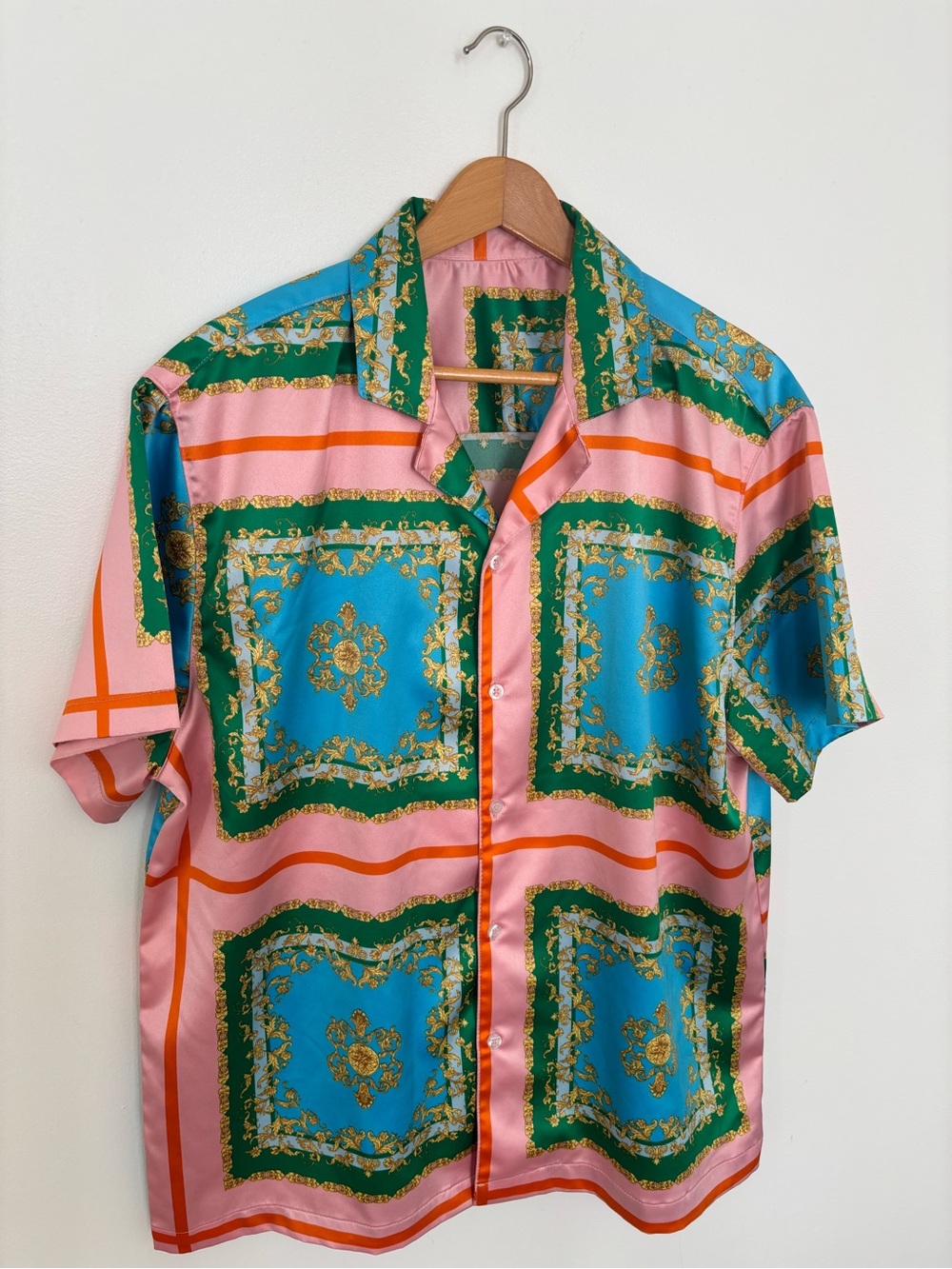 Short-Sleeve Pink & Turquoise Patterned Button-Down Shirt